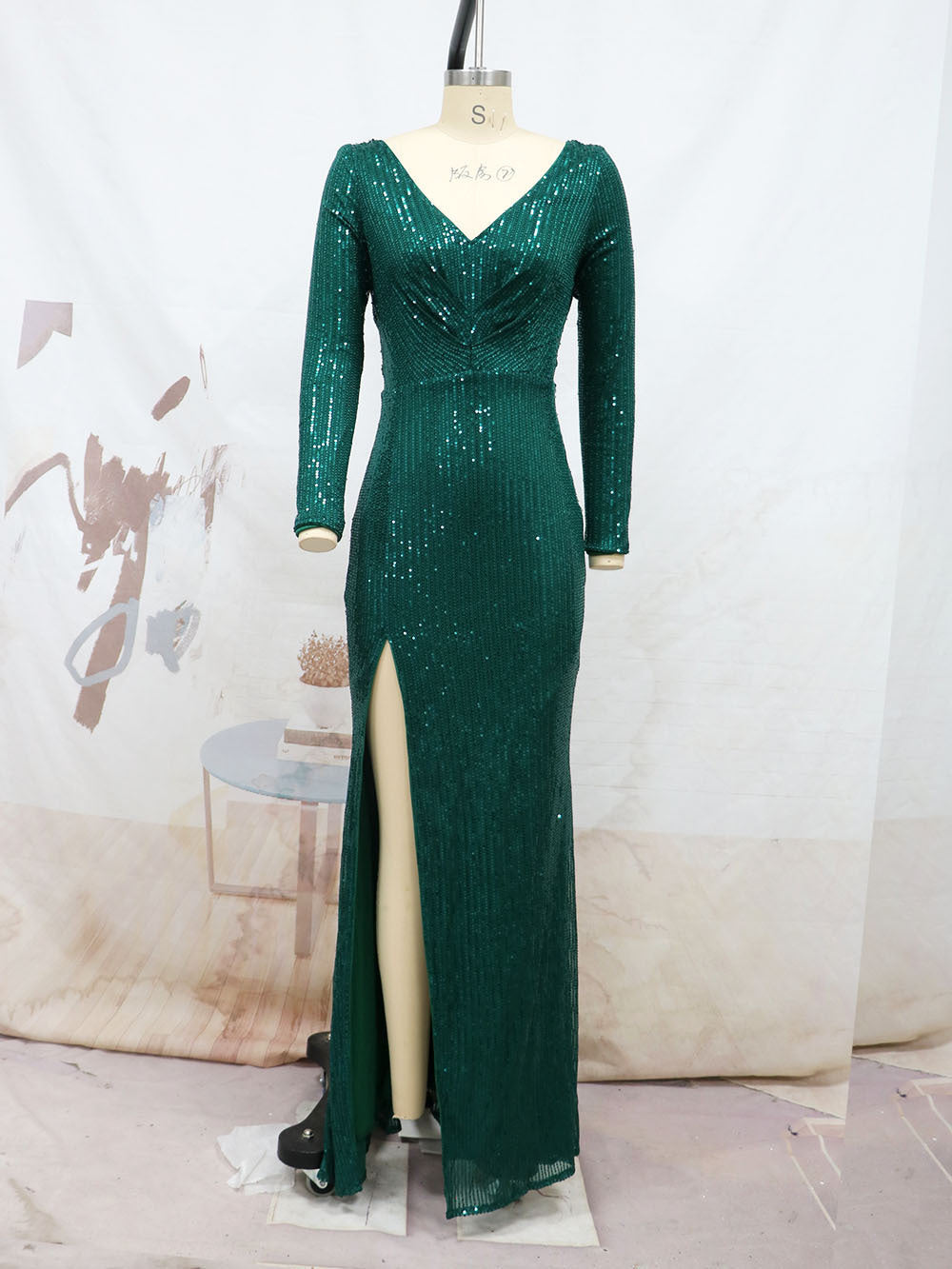 Long-Sleeve Sequined Evening Dress