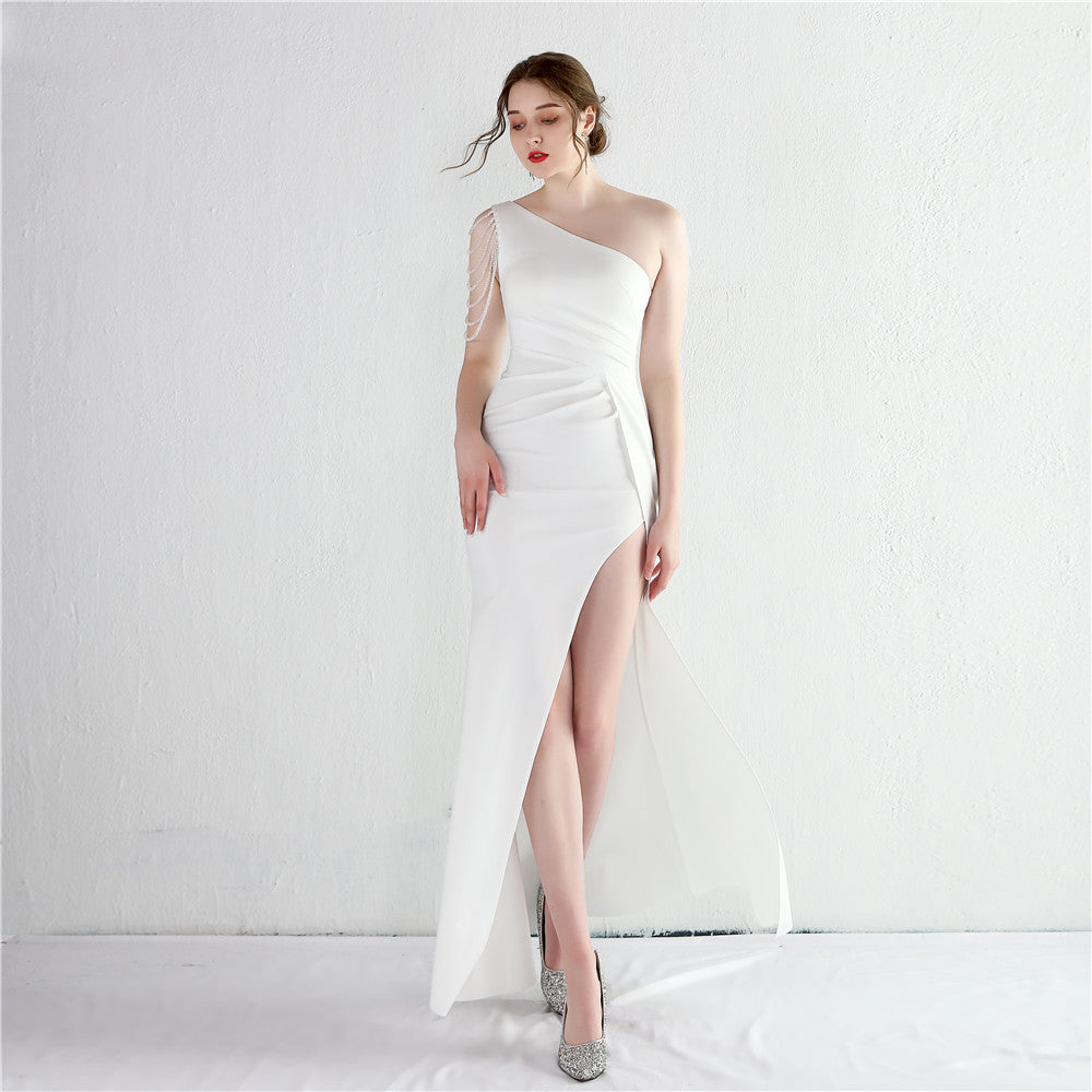 One-Shoulder Beaded Satin Fishtail Gown
