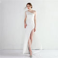 One-Shoulder Beaded Satin Fishtail Gown
