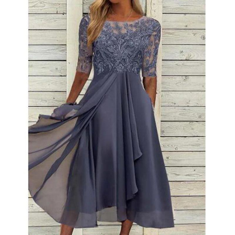 2025 European Cross-Border New Dress Chiffon Splicing Lace Cut Out Long Skirt Bridesmaid Evening Dress Women's Clothing