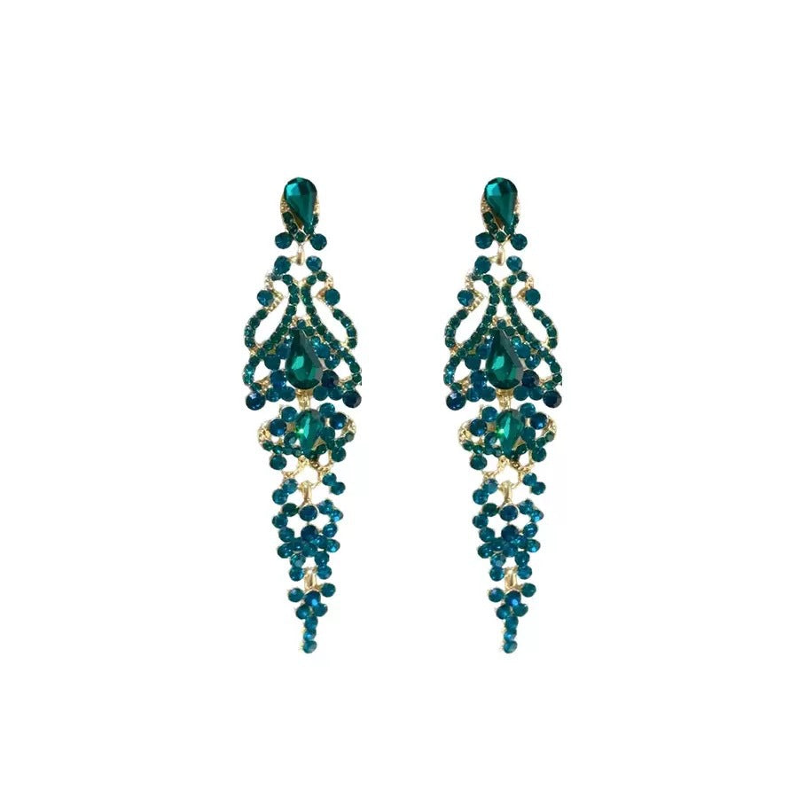 Women's Exaggerated Green Diamond Flower Personalized Design Long Ear Clip