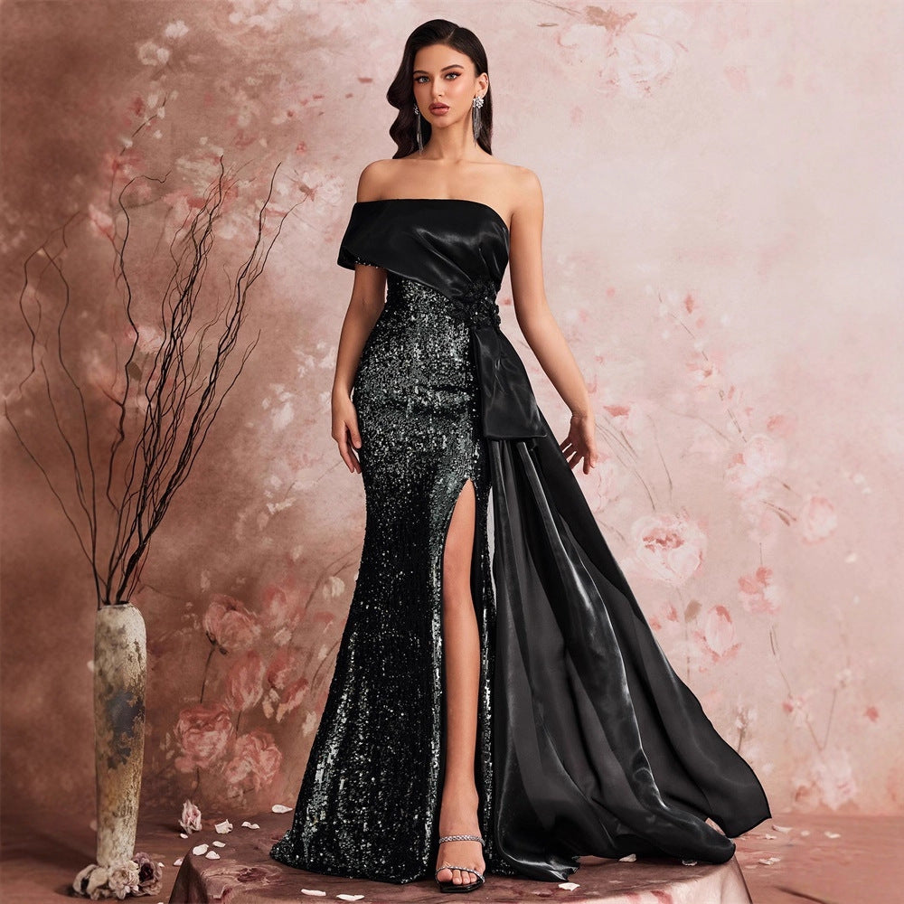 Sequined Bandeau One-Shoulder Bridesmaid Dress