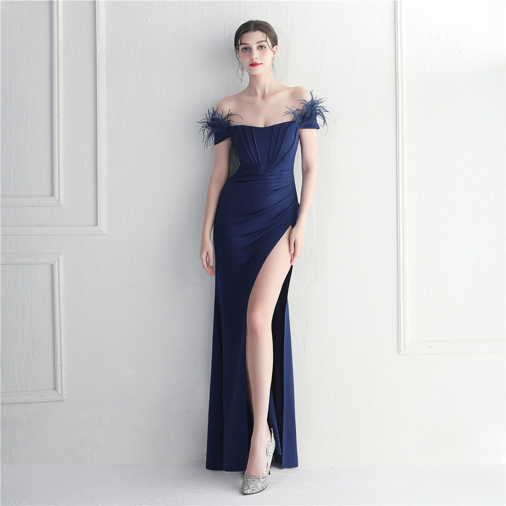 Feather-Trim Off-Shoulder Evening Dress
