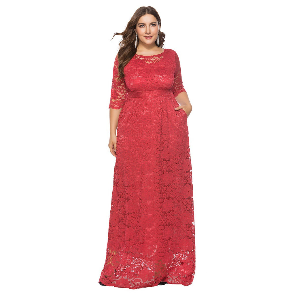 Amazon's Hot-Selling European and American Cross-Border Plus Size Women's New Lace Pocket Evening Dress Bridesmaid Dress