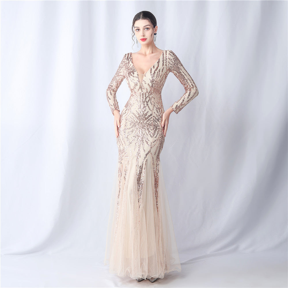 Long-Sleeve Sequin Mesh Evening Dress