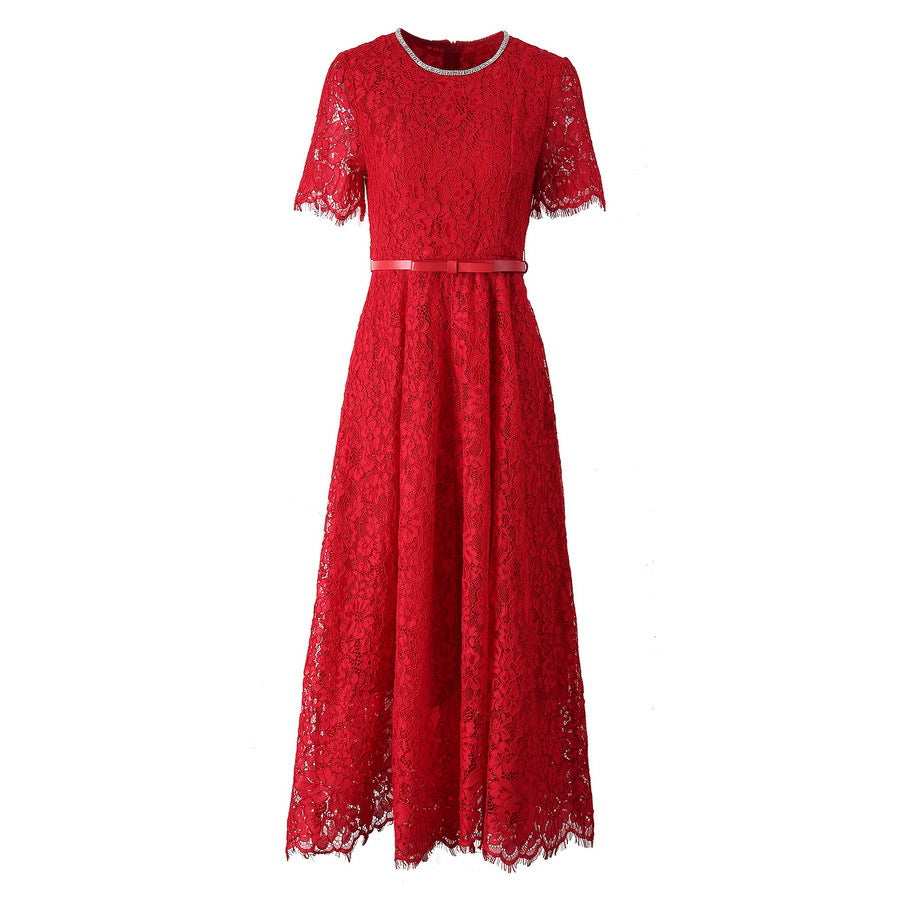 Blue Daily Lace Dress Red Bridesmaid Dress Women's 2025 Summer New Bright Diamond Round Neck Bow Belt