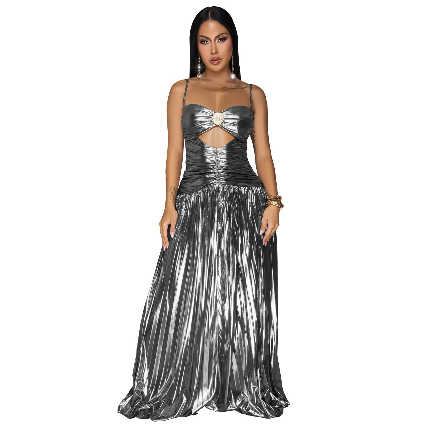 Beaded Cutout Glitter Evening Dress