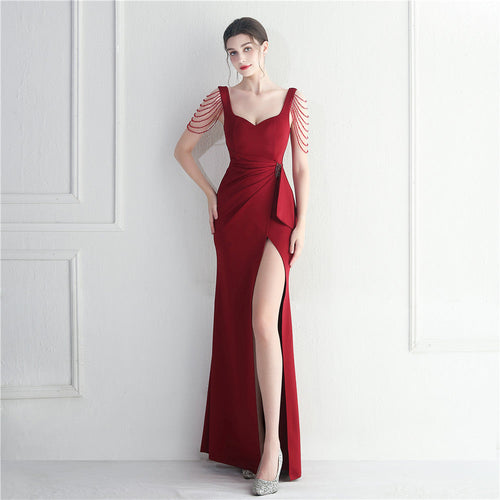 Beaded Fringe Slit Bridesmaid Dress