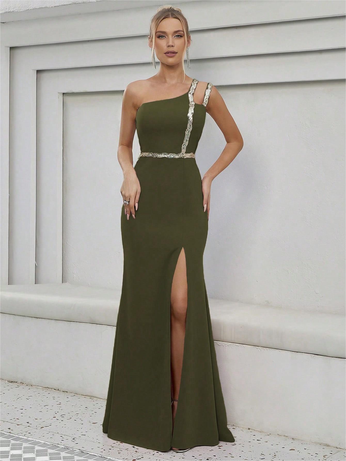 One-Shoulder Metal Ribbon Bridesmaid Dress