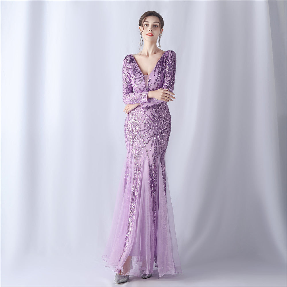 Long-Sleeve Sequin Mesh Evening Dress