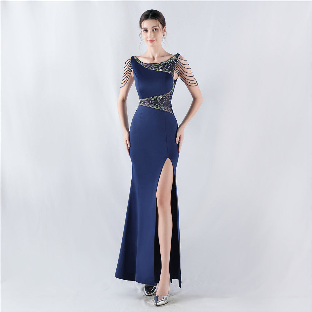 Rhinestone Mesh Slit Evening Dress