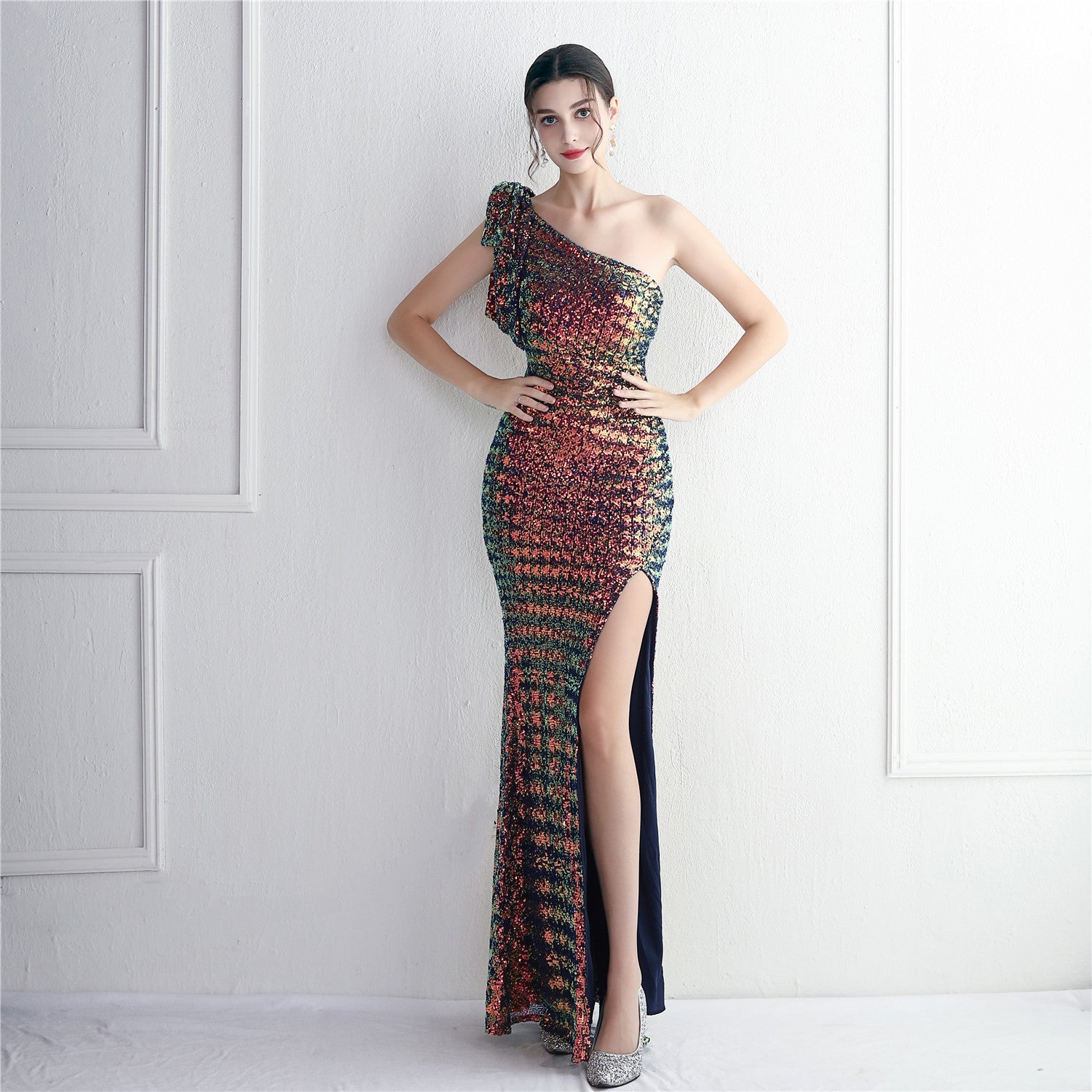 Sequined One-Shoulder Fishtail Dress