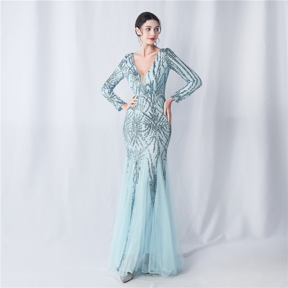 Long-Sleeve Sequin Mesh Evening Dress