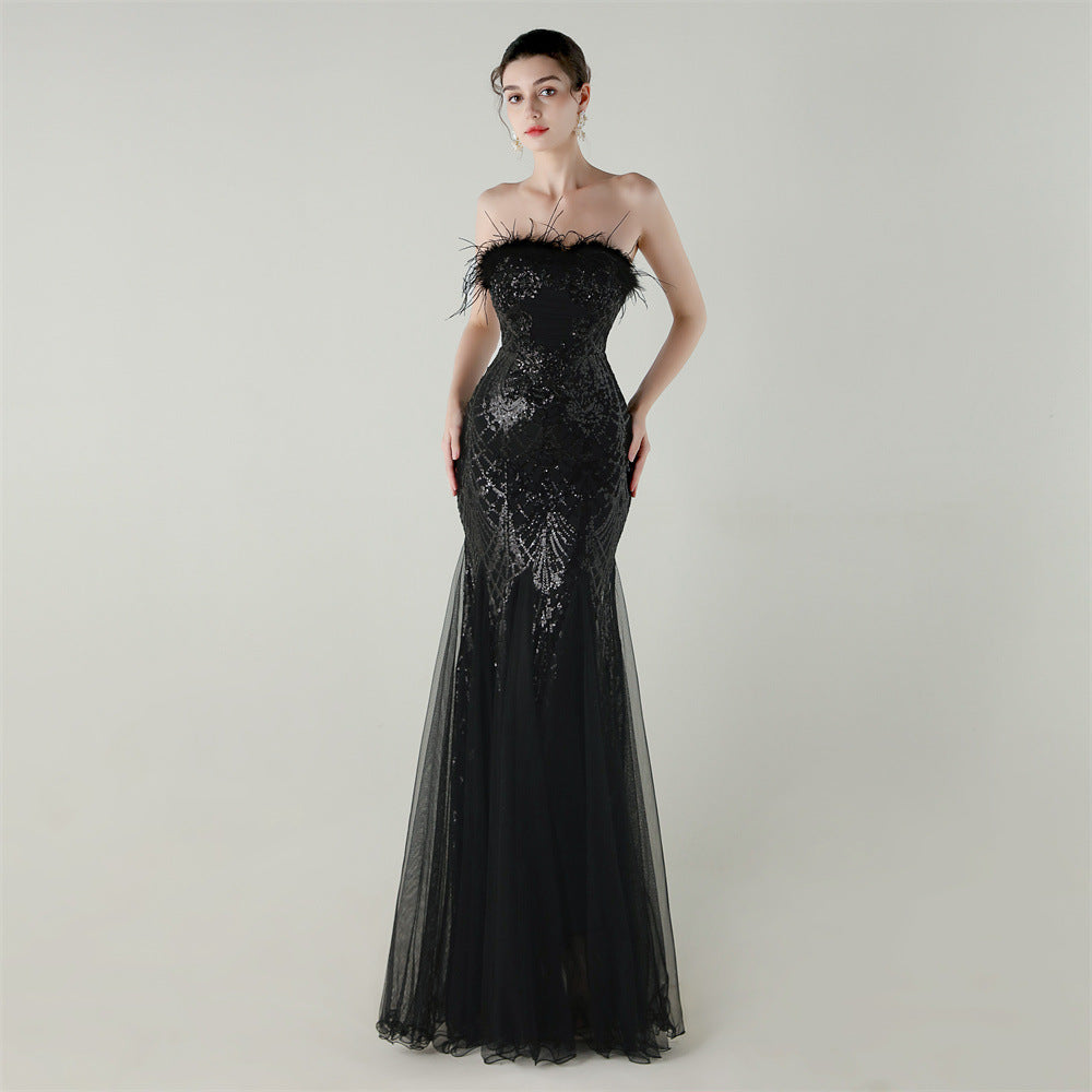 Sequin & Feather Strapless Fishtail Dress