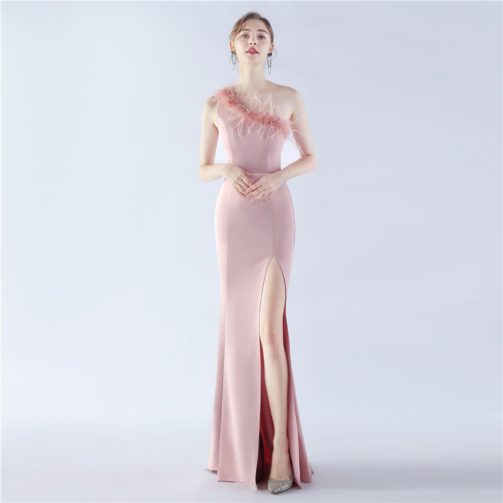 Ostrich Feather One-Shoulder Satin Gown