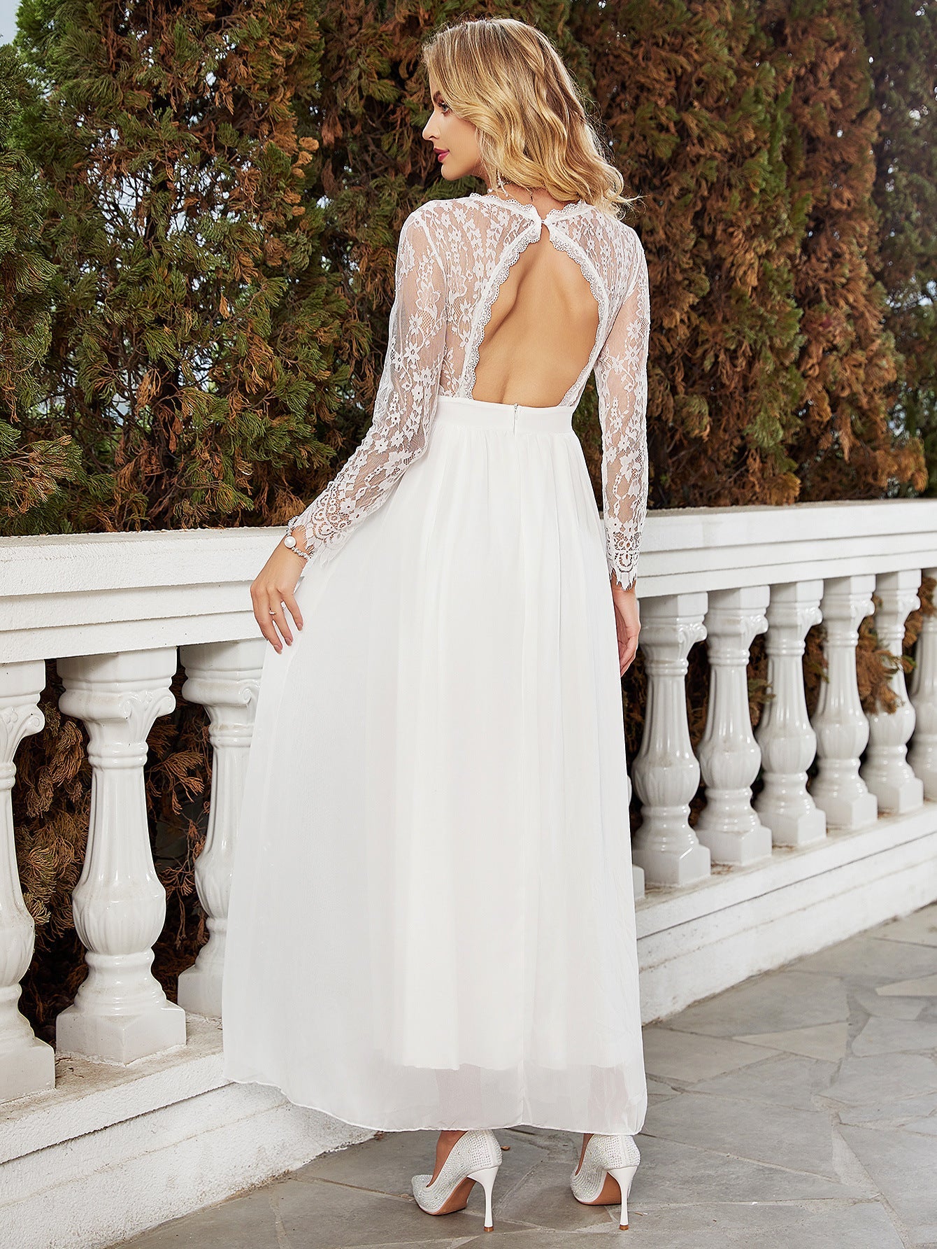 Long-Sleeve Lace Cutout Wedding Dress