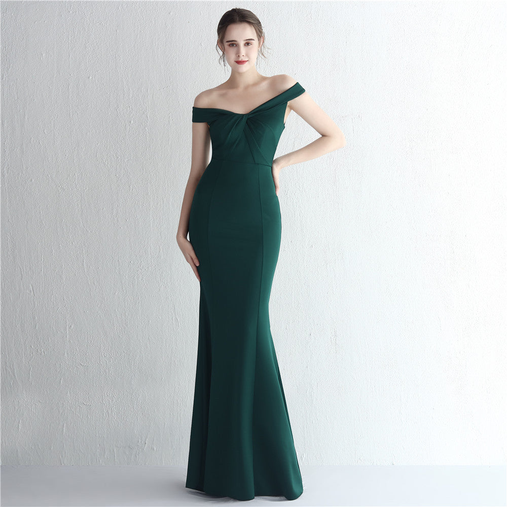 Off-Shoulder Twist Satin Fishtail Gown