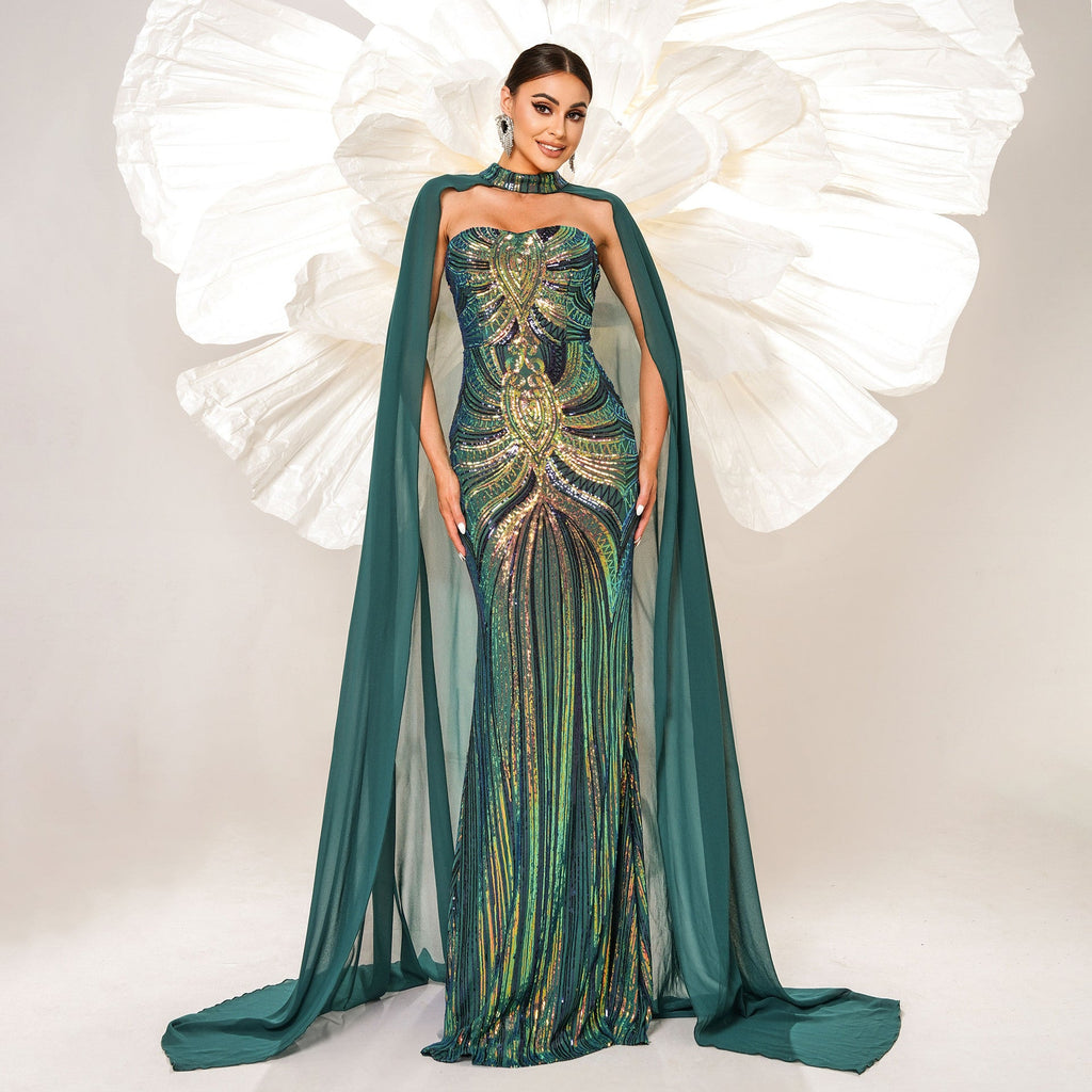 Sequined Cape Fishtail Bridesmaid Dress
