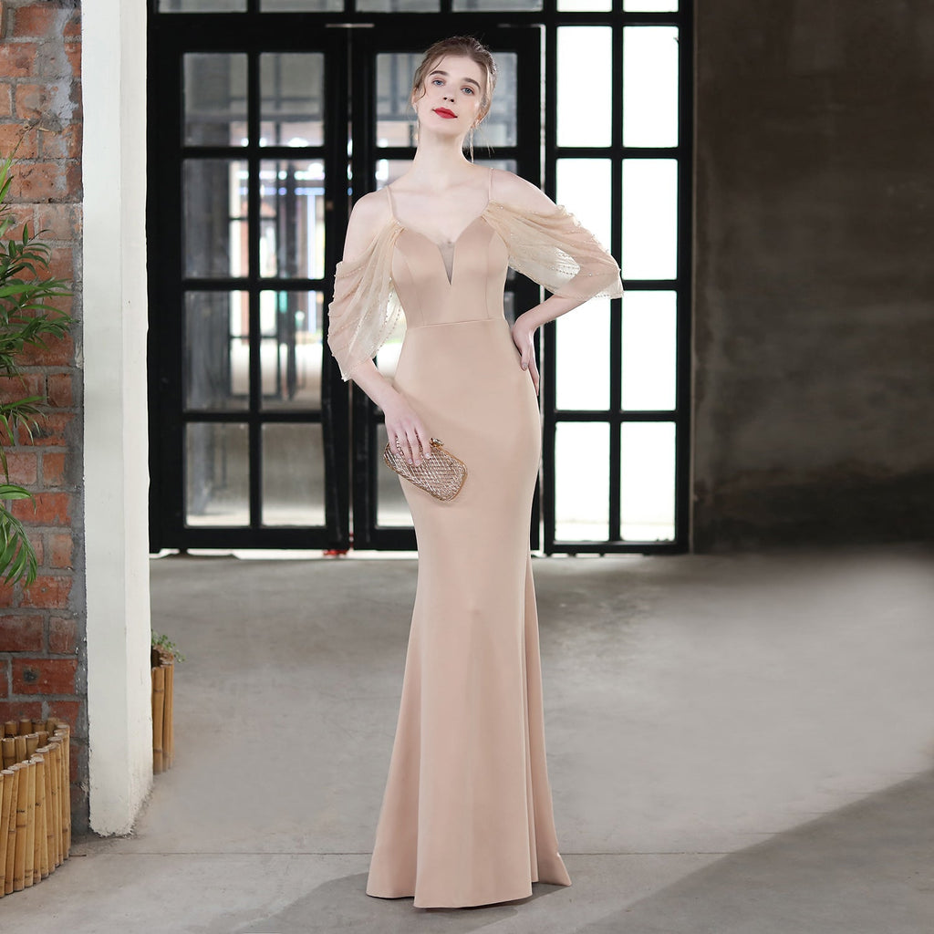 V-Neck Lace Fishtail Wedding Toast Dress