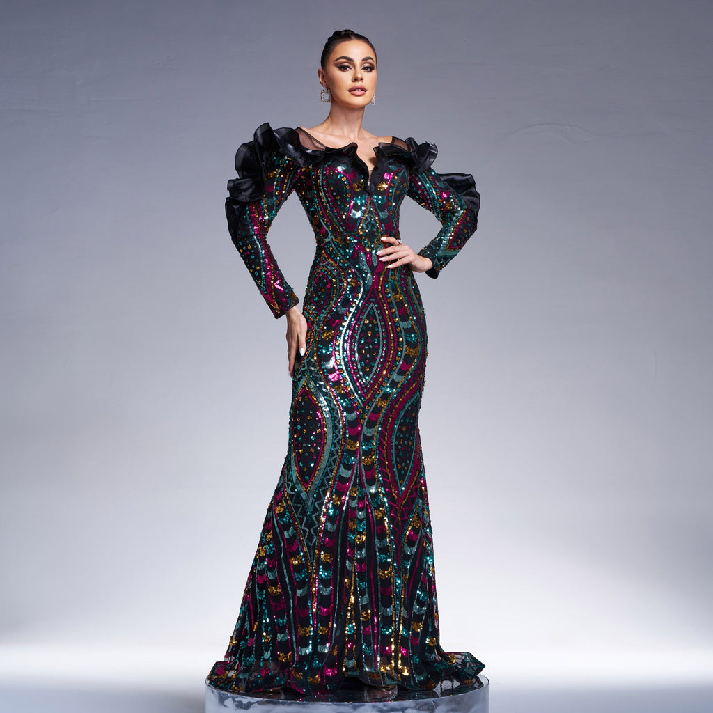 Long-Sleeve Cutout Sequined Fishtail Dress