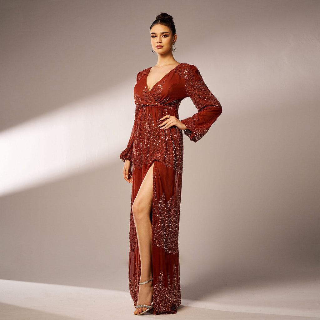 Long-Sleeve Sequined Bridesmaid Dress