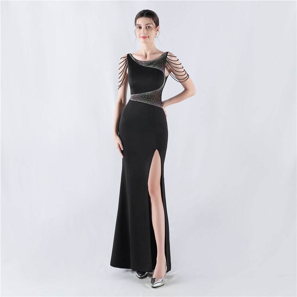 Rhinestone Mesh Slit Evening Dress