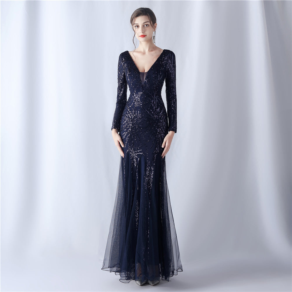 Long-Sleeve Sequin Mesh Evening Dress