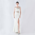 Rhinestone Mesh Slit Evening Dress