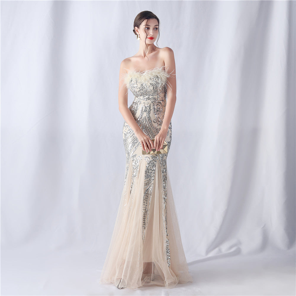 Feather & Sequin Tube Top Evening Dress