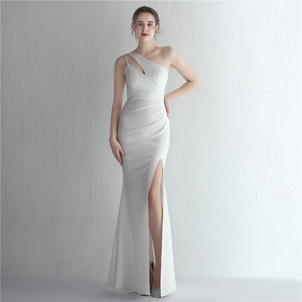 One-Shoulder Satin Fishtail Evening Dress