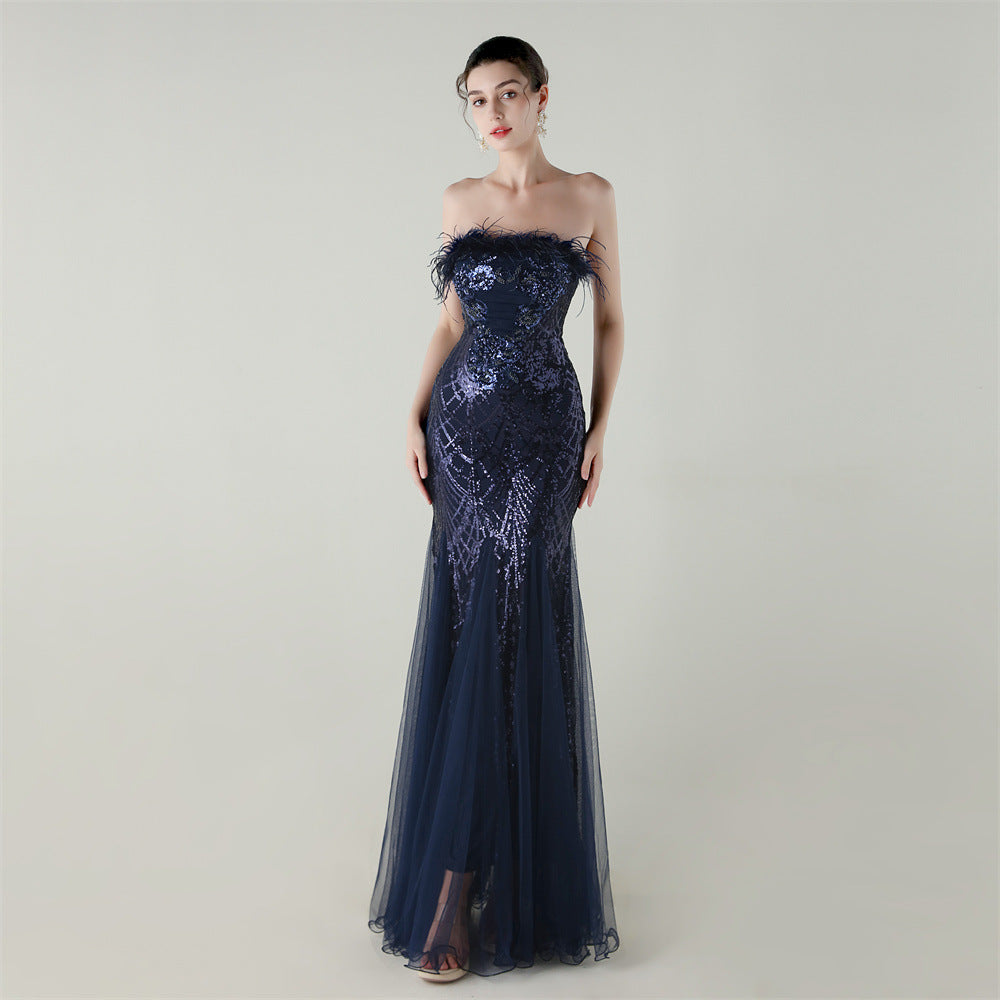 Sequin & Feather Strapless Fishtail Dress