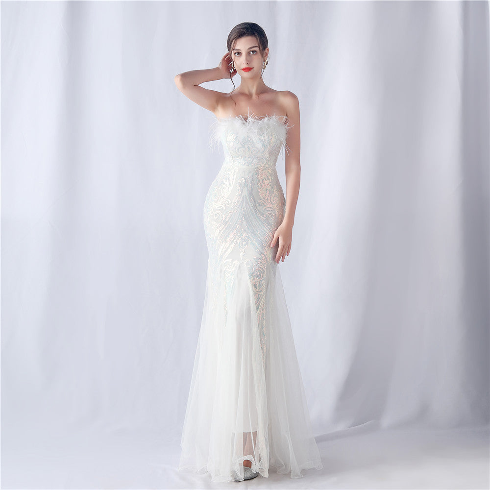 Feather & Sequin Tube Top Evening Dress