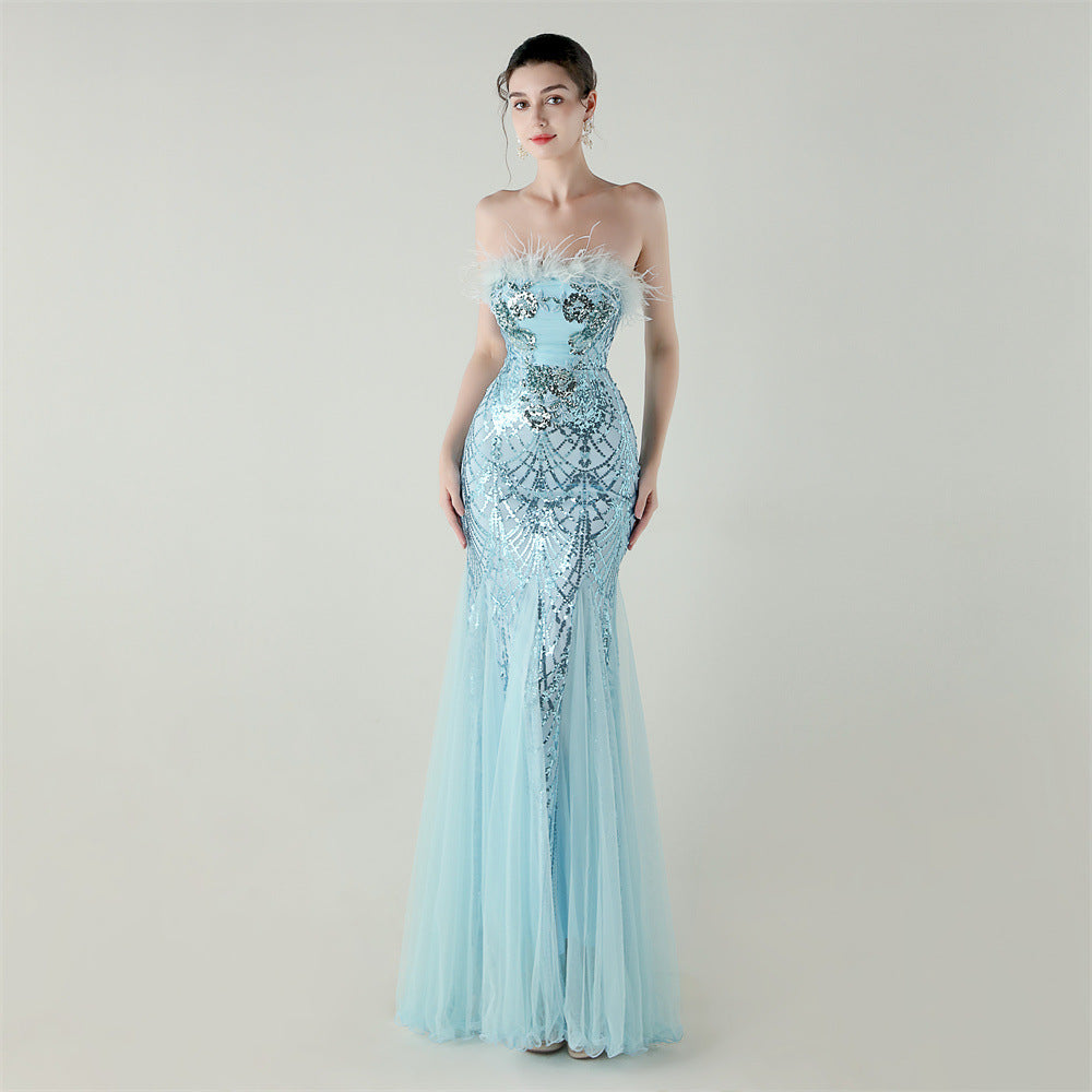 Sequin & Feather Strapless Fishtail Dress
