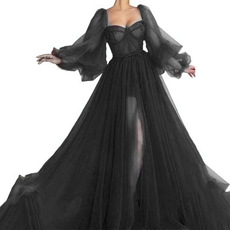 Long-Sleeve Mesh Evening Dress