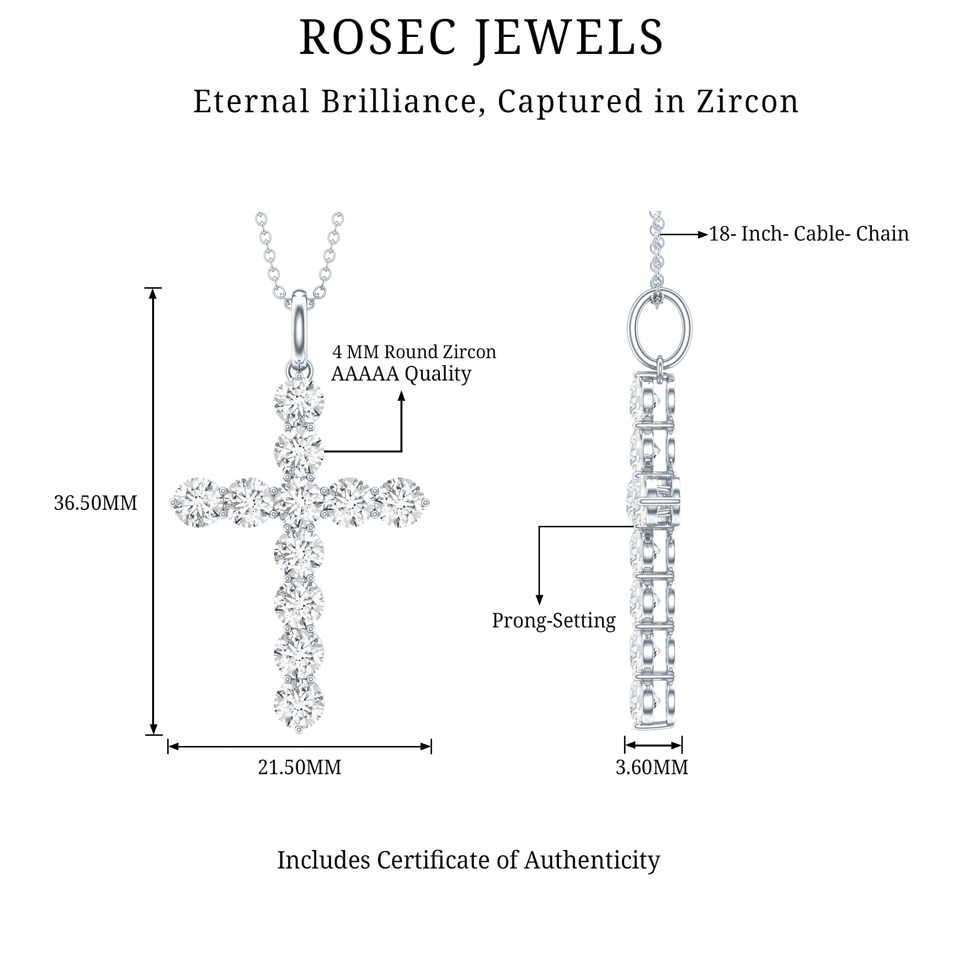 Certified Cubic Zirconia Christian Cross Necklace With Silver Chain
