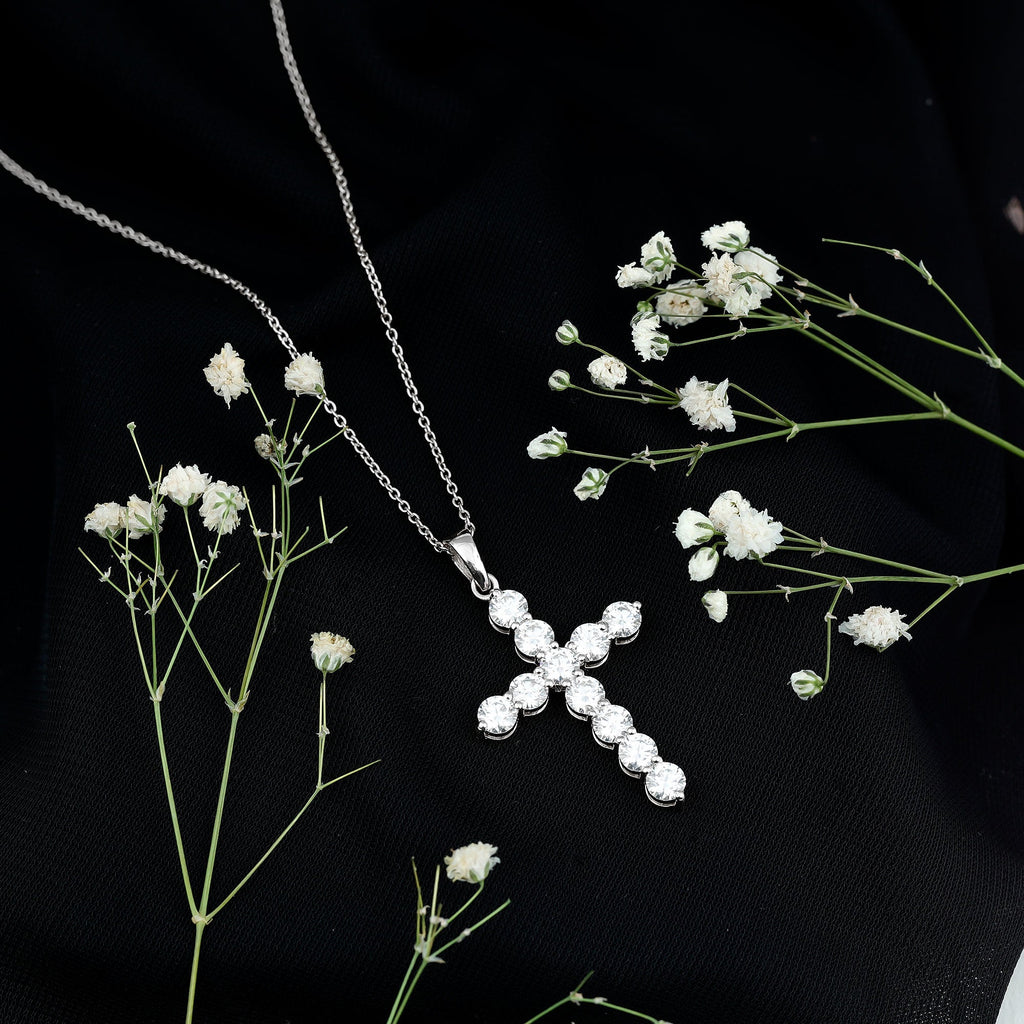 Certified Cubic Zirconia Christian Cross Necklace With Silver Chain