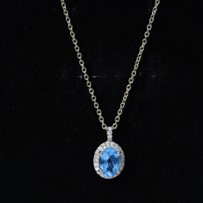 Natural 1 Carat Swiss Blue Topaz and Diamond Halo Necklace With Silver Chain