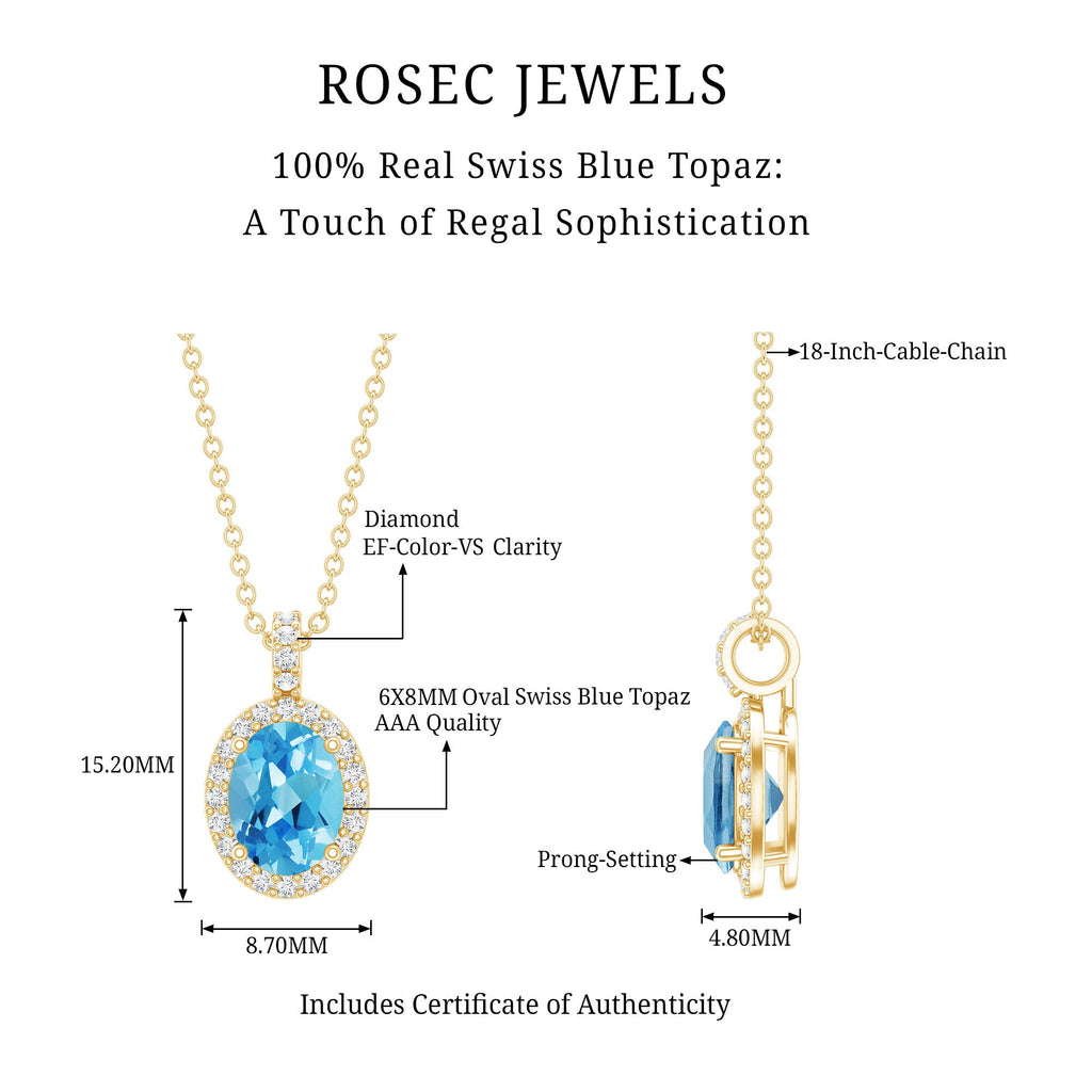 Natural 1 Carat Swiss Blue Topaz and Diamond Halo Necklace With Silver Chain