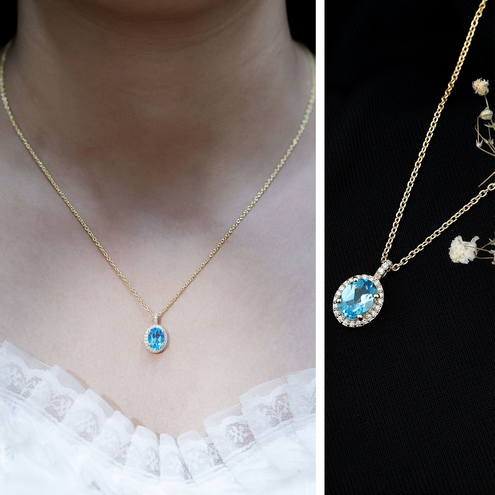Natural 1 Carat Swiss Blue Topaz and Diamond Halo Necklace With Silver Chain