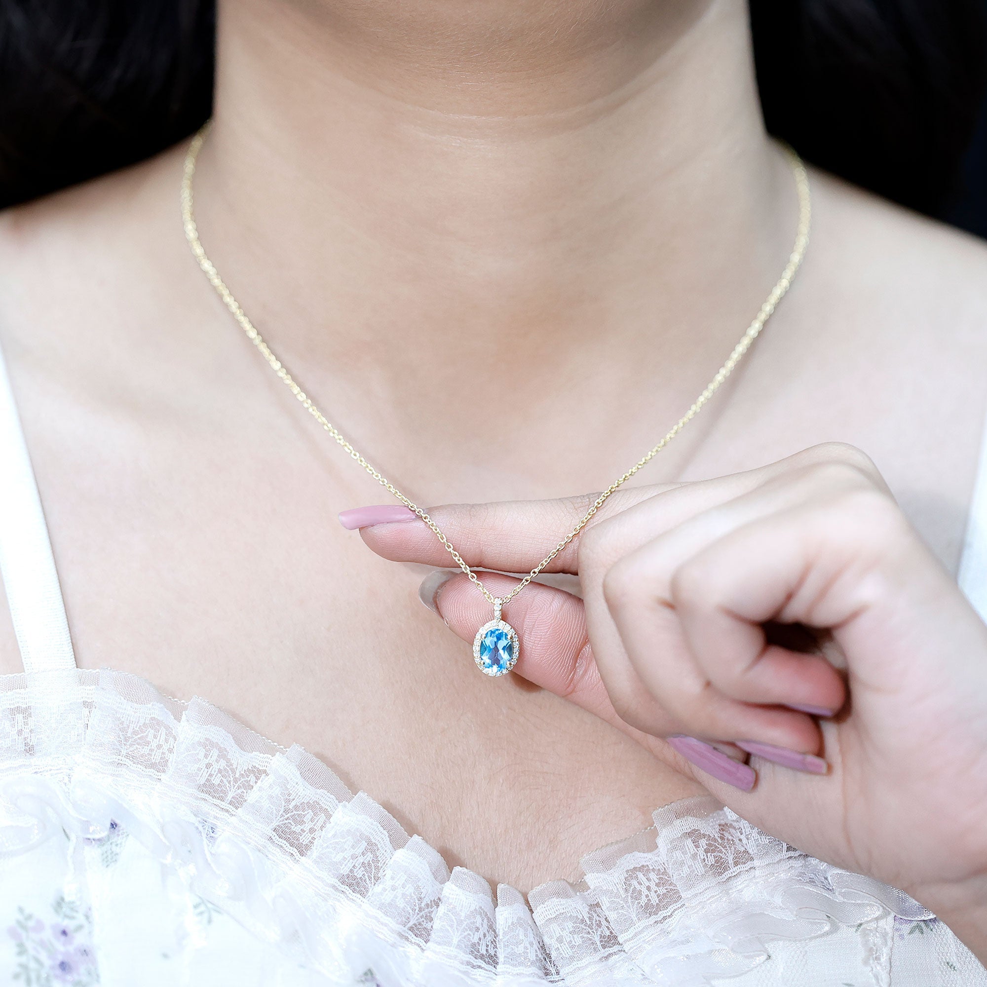 Natural 1 Carat Swiss Blue Topaz and Diamond Halo Necklace With Silver Chain