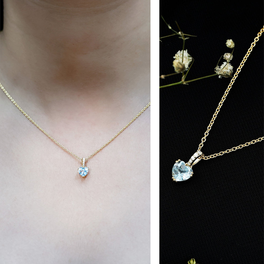 0.9 Carat Swiss Blue Topaz Solitaire and Diamond Heart Necklace with Chain