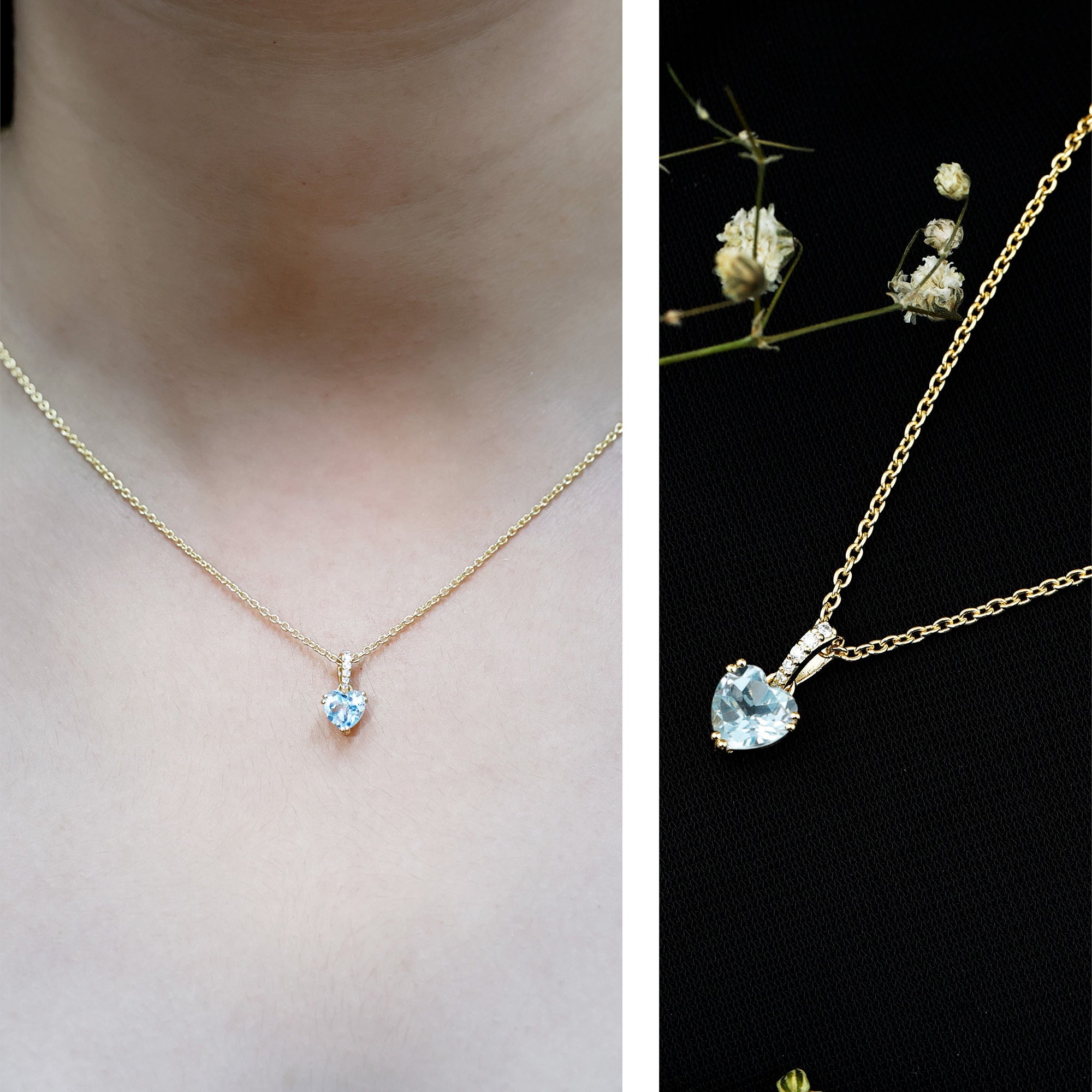 0.9 Carat Swiss Blue Topaz Solitaire and Diamond Heart Necklace with Chain