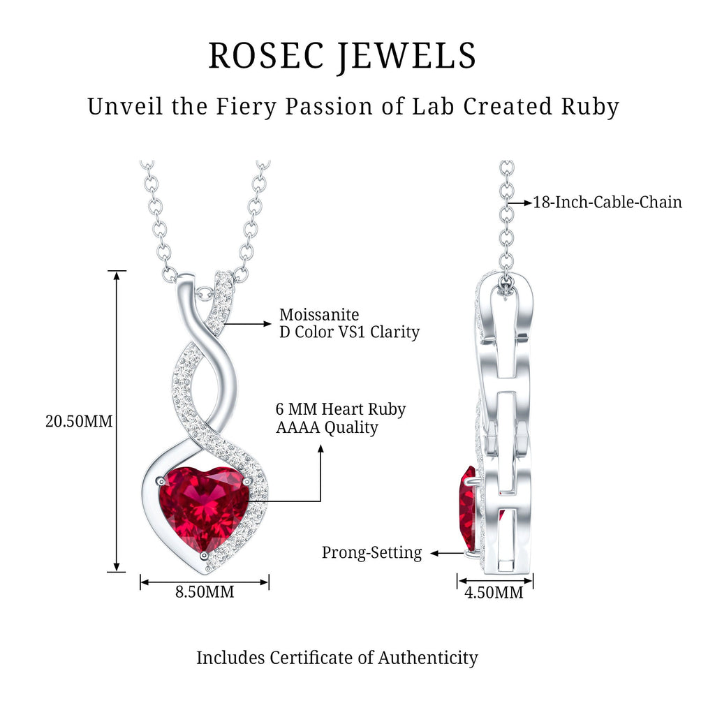 1 Carat Lab Grown Ruby Heart and Infinity Necklace with Silver Chain
