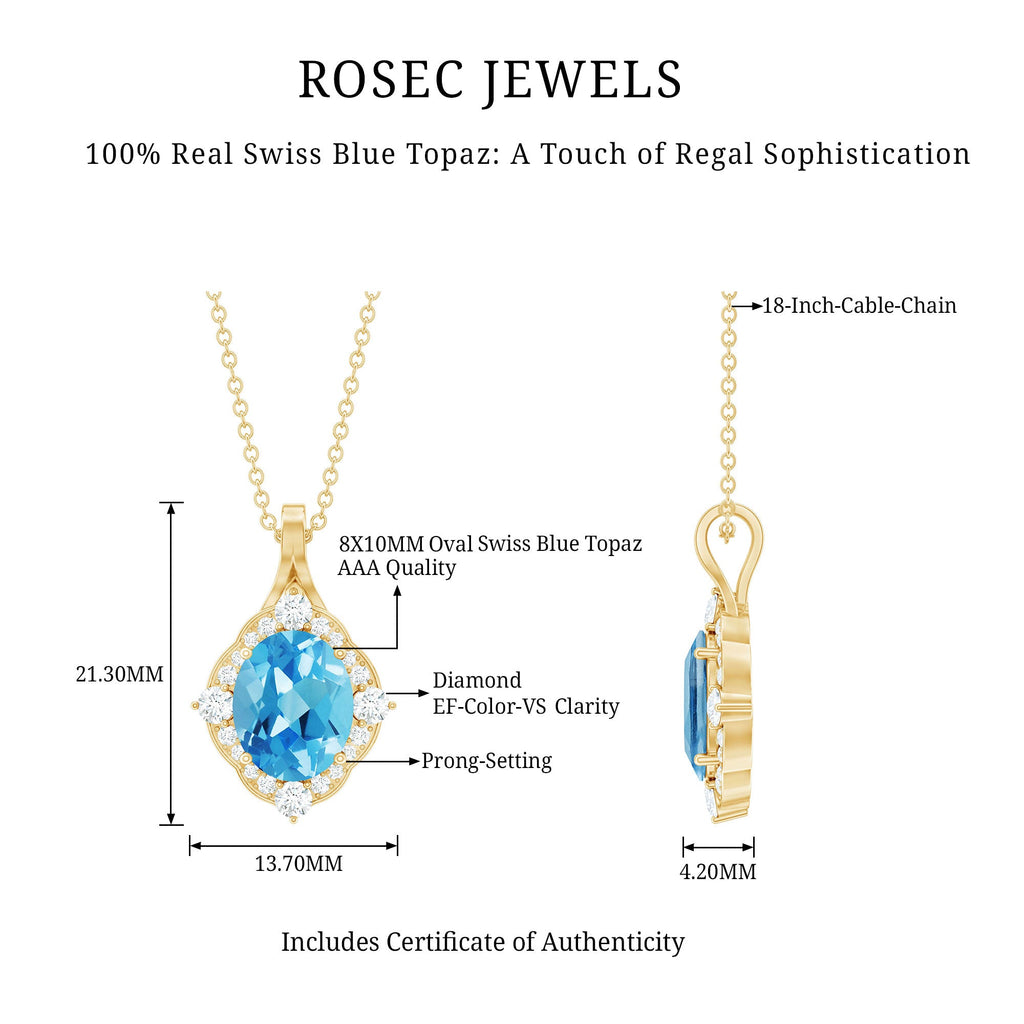 Vintage Style 2.5 Carat Swiss Blue Topaz and Diamond Necklace with Silver Chain