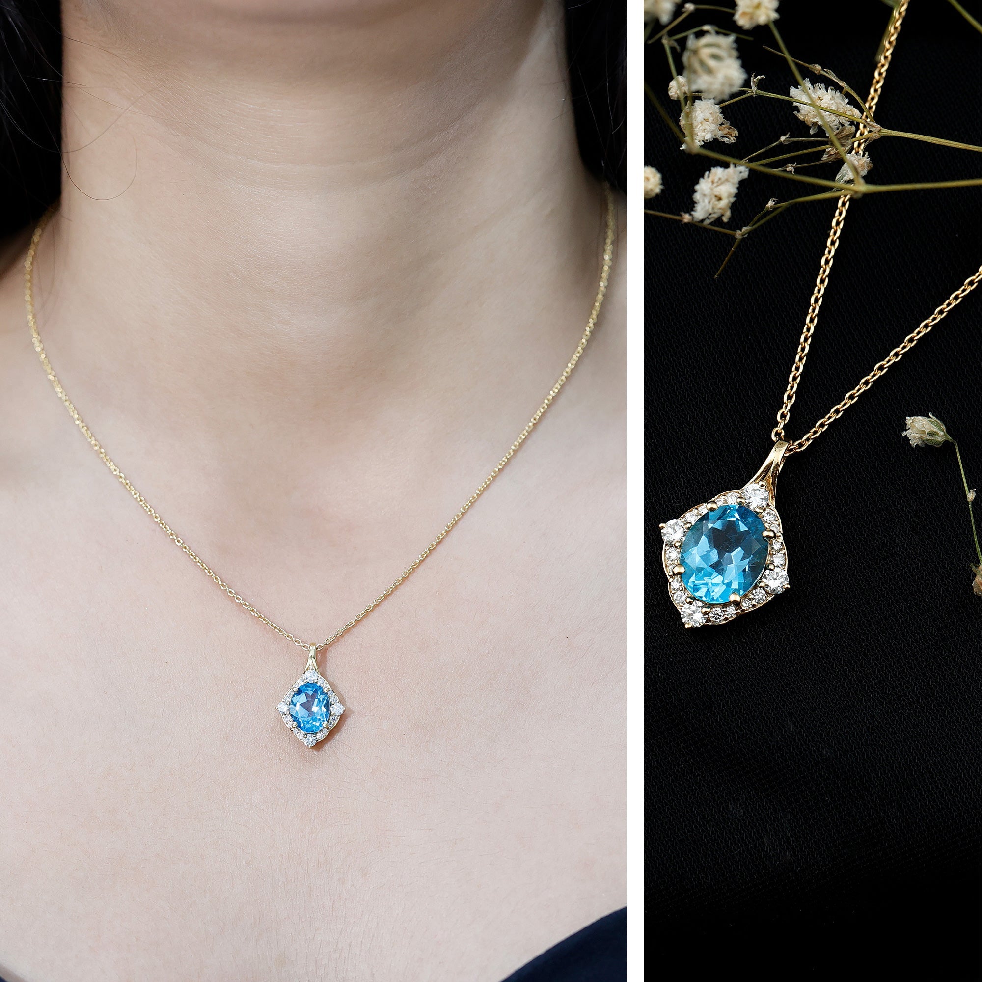 Vintage Style 2.5 Carat Swiss Blue Topaz and Diamond Necklace with Silver Chain