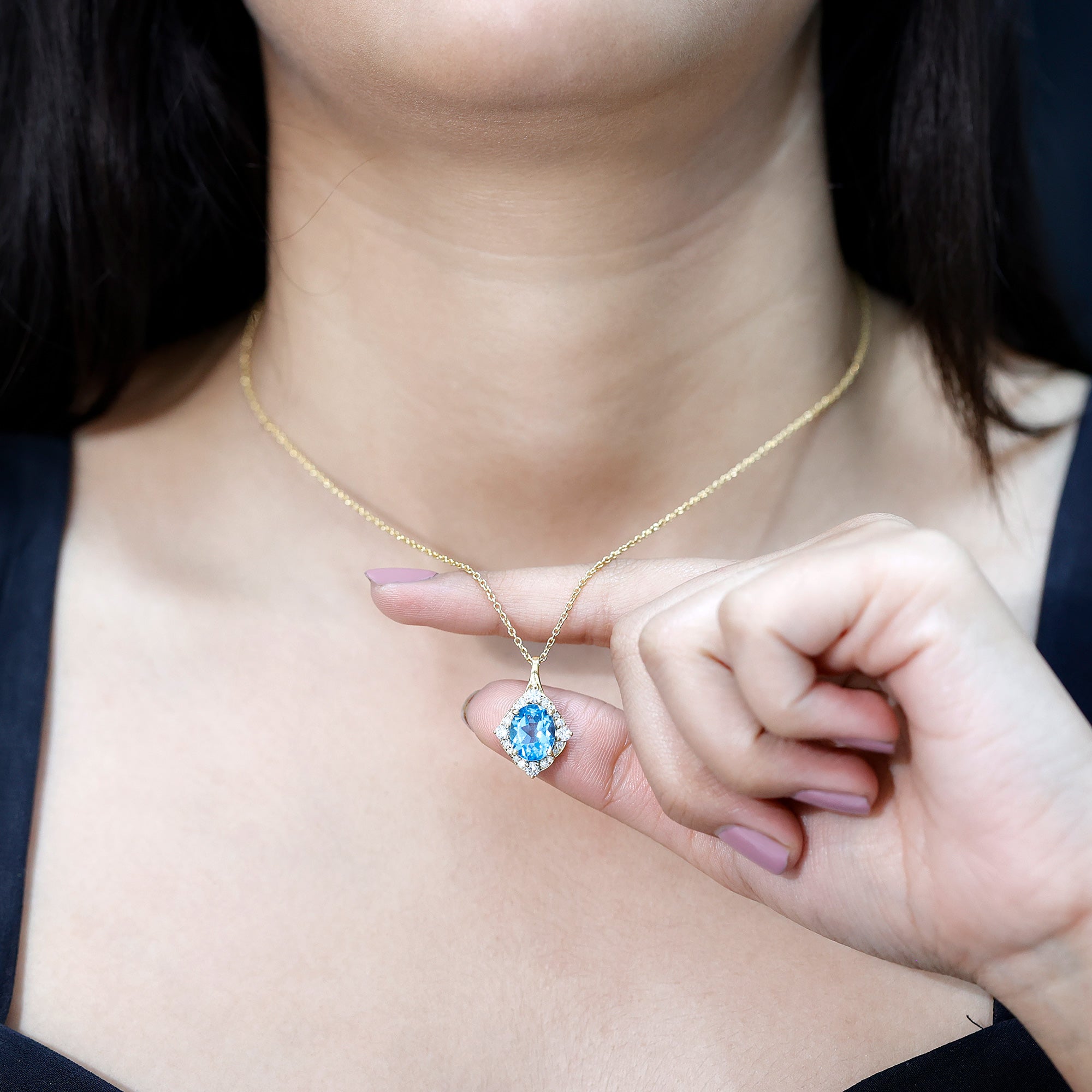 Vintage Style 2.5 Carat Swiss Blue Topaz and Diamond Necklace with Silver Chain