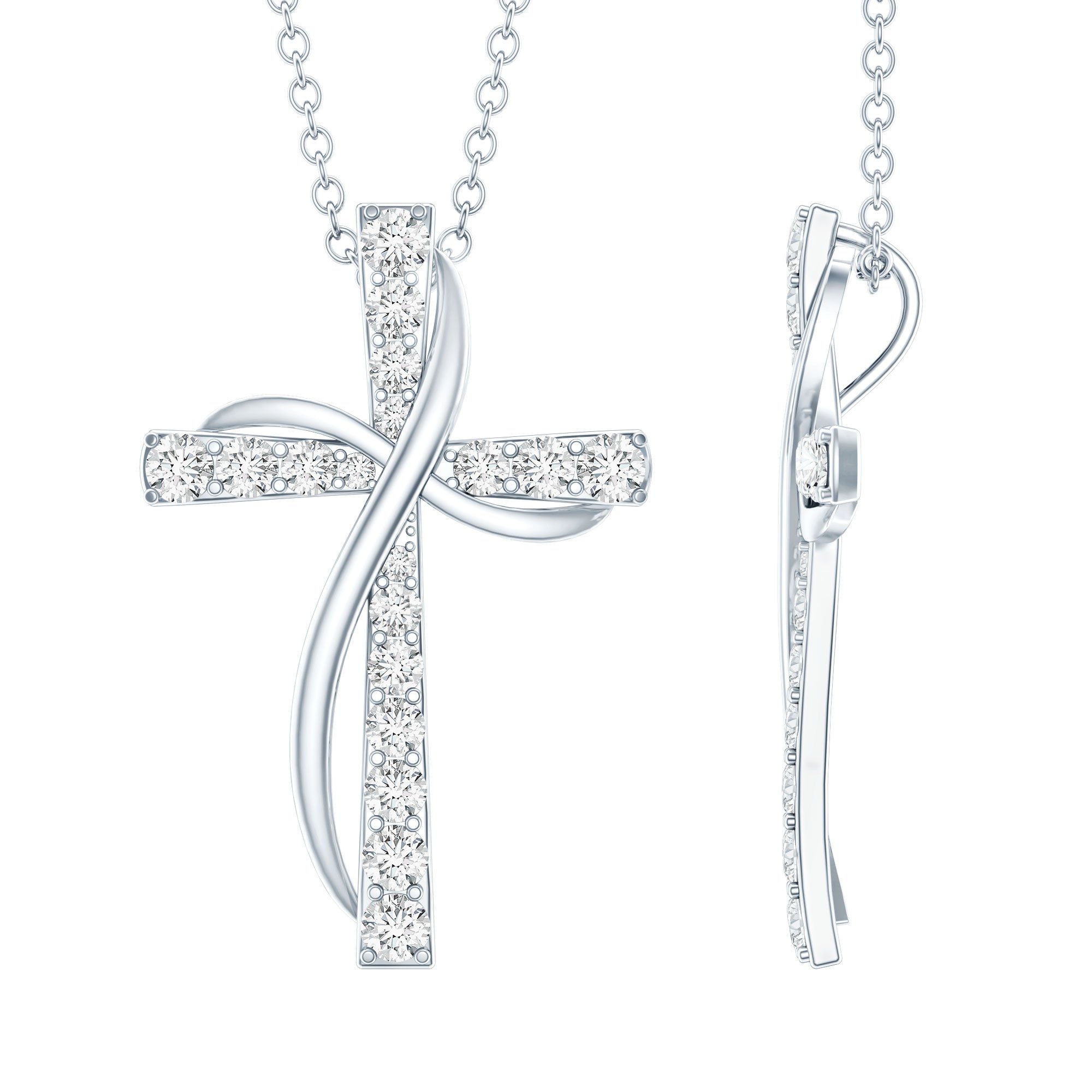 Certified Moissanite Designer Cross Pendant Necklace in Silver