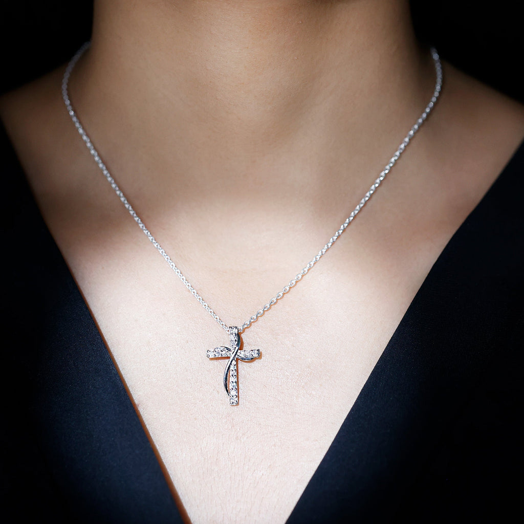 Certified Moissanite Designer Cross Pendant Necklace in Silver