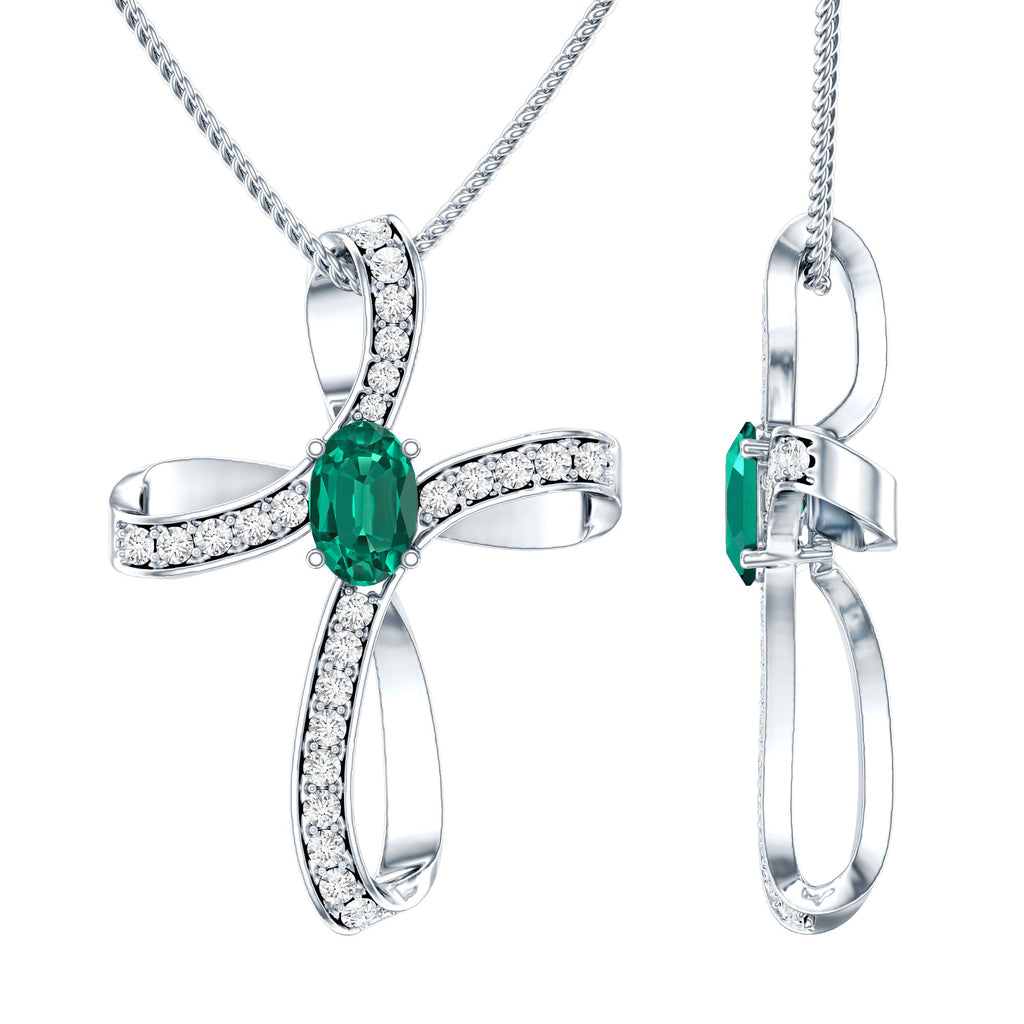 Certified Lab Grown Emerald Christian Cross Necklace With Silver Chain