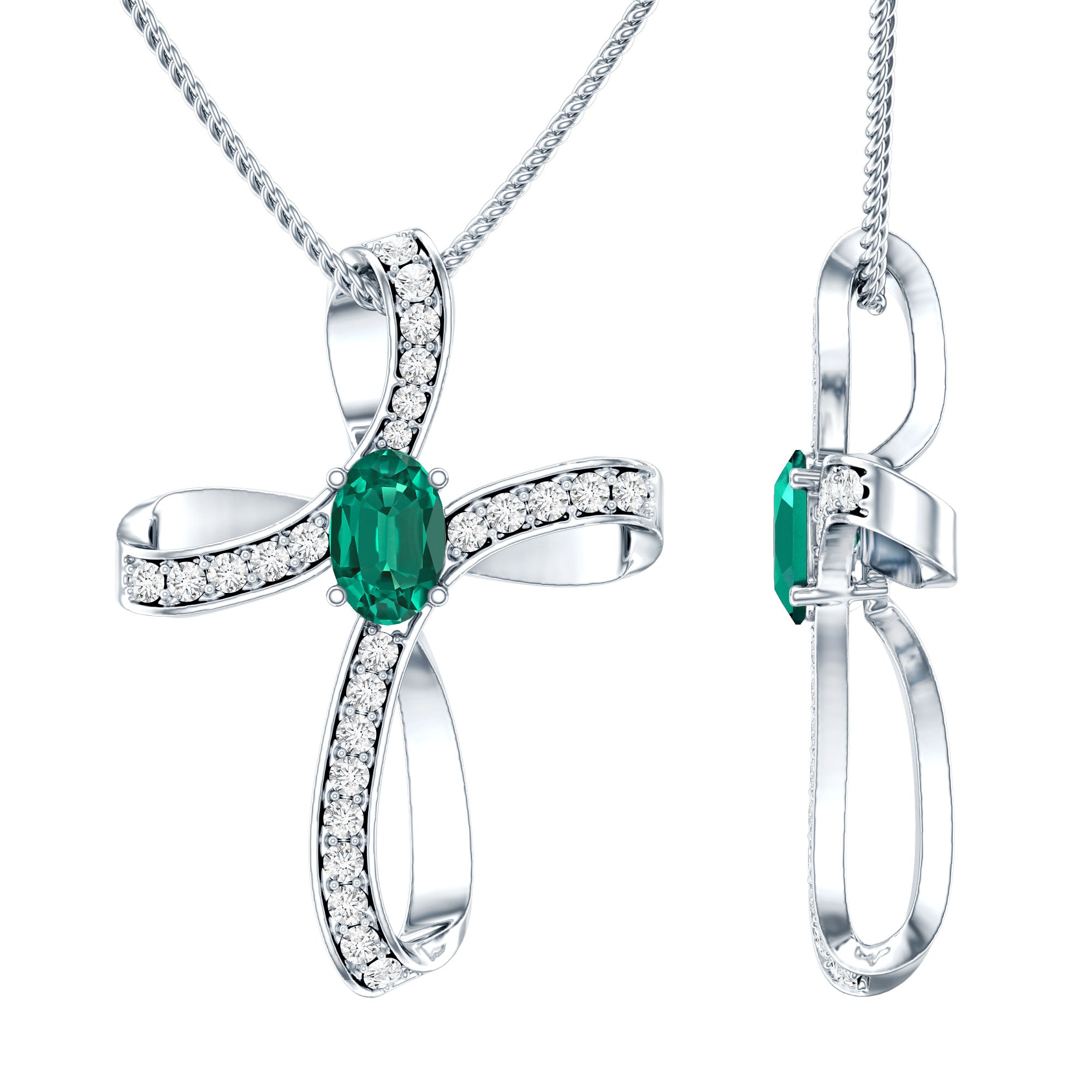 Certified Lab Grown Emerald Christian Cross Necklace With Silver Chain